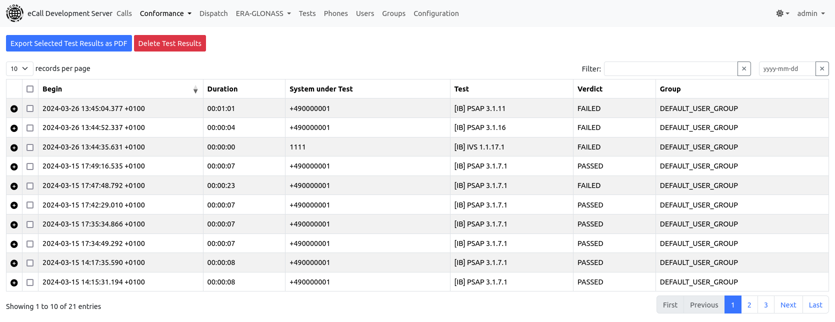 conformance test results